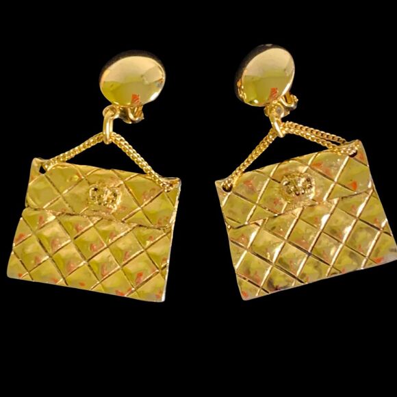 Gold Tone Purse Shape 80"s Inspired Dangle Earrings Clip -on VTG - Picture 6 of 9
